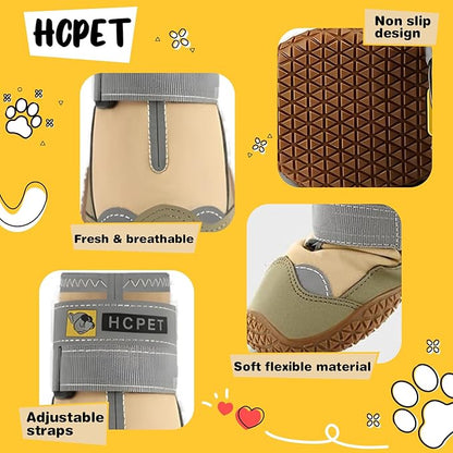 Hcpet Dog Shoes for Large Dogs, Waterproof Dog Booties for Small Medium Dogs, Anti-Slip Dog Boots &amp; Paw Protectors for Hot Pavement Winter Snow Hiking with Reflective Straps Khaki Size 6