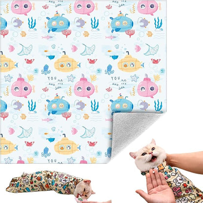 Cat Grooming Wrap, Self-Adherent Soft Cat Blanket to Wrap, Nail Clipping, Anti-Bite, Anti-Scratch, Anti-Escape Calming Wrap (Ocean, 3-6 lbs)