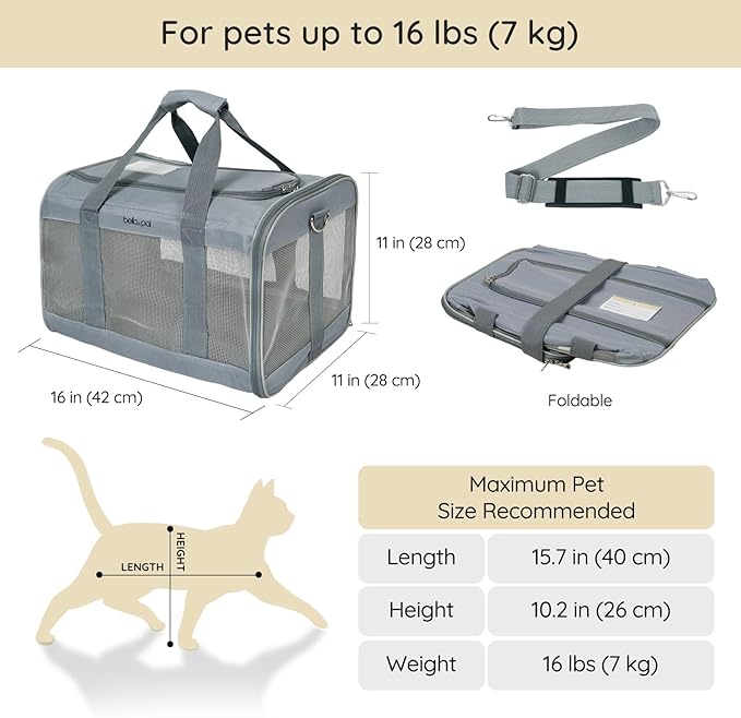 BELLA &amp; PAL Cat Carrier Travel Bag, Airline Approved Lightweight Cat Carrier, Soft Sided Pet Carrier for Puppy Dogs Up to 18lbs, Collapsible Kitten Bag with Removable Waterproof Mat, Ventilated Mesh