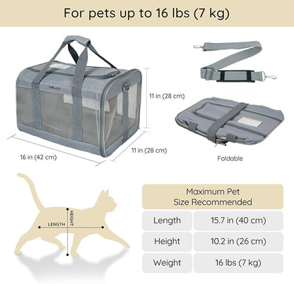 BELLA &amp; PAL Cat Carrier Travel Bag, Airline Approved Lightweight Cat Carrier, Soft Sided Pet Carrier for Puppy Dogs Up to 18lbs, Collapsible Kitten Bag with Removable Waterproof Mat, Ventilated Mesh