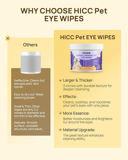 HICC PET Eyes Wipes for Dogs &amp; Cats - Gently Remove Tear Stain, Debris, Discharge, Crust - Coconut Oil Pet Cleaning Grooming Deodorizing Wipes Wash Cleaner for Eyes, Wrinkle, Face - 100pcs