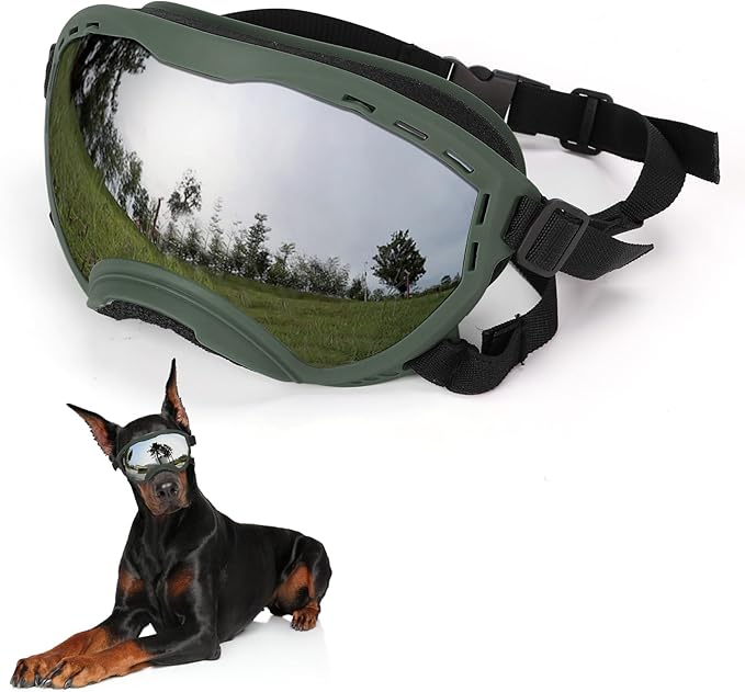 Dog Goggles for Large Dogs, UV Wind Dust Fog Protection, Soft Frame Adjustable Dog Sunglasses, Summer Driving &amp; Winter Snow Eyewear, Tactical Pet Glasses with Elastic Strap (Green)