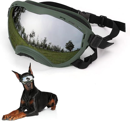 Dog Goggles for Large Dogs, UV Wind Dust Fog Protection, Soft Frame Adjustable Dog Sunglasses, Summer Driving &amp; Winter Snow Eyewear, Tactical Pet Glasses with Elastic Strap (Green)