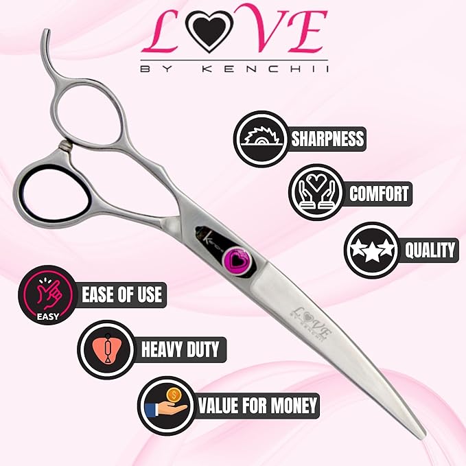 Kenchii Love Left Handed Dog Grooming Scissors, 7 Inch Curved Shears, Dog Scissors for Grooming, Professional Pet Grooming Scissors, Ergonomic &amp; Comfortable