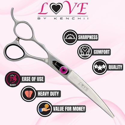 Kenchii Love Left Handed Dog Grooming Scissors, 7 Inch Curved Shears, Dog Scissors for Grooming, Professional Pet Grooming Scissors, Ergonomic &amp; Comfortable