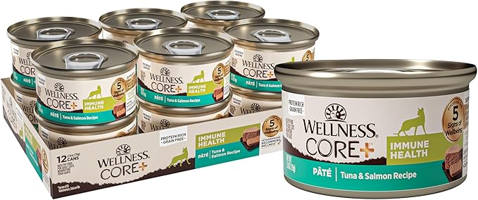Wellness CORE+ Immune Health Pate Adult Wet Cat Food, Natural, Protein-Rich, Grain Free, 2.8 Ounce, 12 Pack (Tuna &amp; Salmon)