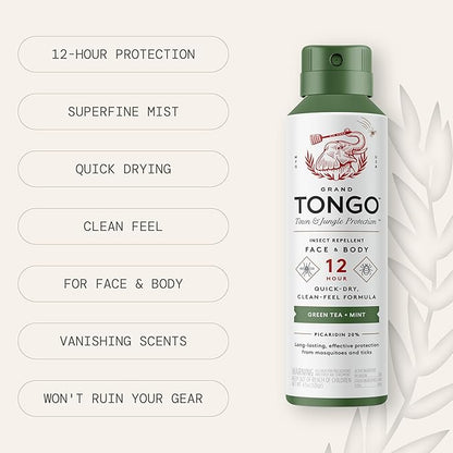Green Tea + Mint Insect Repellent, 12-Hour Mosquito &amp; Tick Protection, Picaridin-Based, Water-Based, Lightweight, Quick-Drying, Vanishing Scent, DEET Alternative, Face &amp; Body Use, 3 Pack