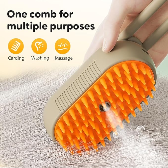 3-In-1 Rechargeable Steamy Cat Brush, Deep Cleaning &amp; Hair Removal System with Rotating Handle, 360° Massage for Cats &amp; Dogs (Cream)