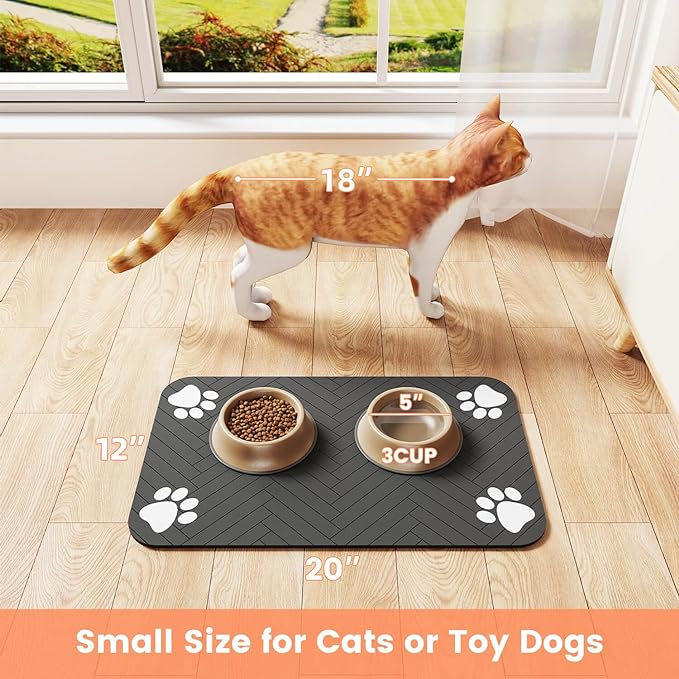 Pet Feeding Mat-Absorbent Pet Placemat for Food and Water Bowl, with Waterproof Rubber Backing, Quick Dry Water Dispenser Mat for Dog and Cat (16"x24", Striped Dark Gray)