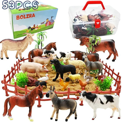 Farm Animal Figurines, Realistic Plastic Animals Toys with Fences Building Blocks, Farm Figures Playset Educational Birthday Gift for Kids &amp; Toddlers, 53 PCS