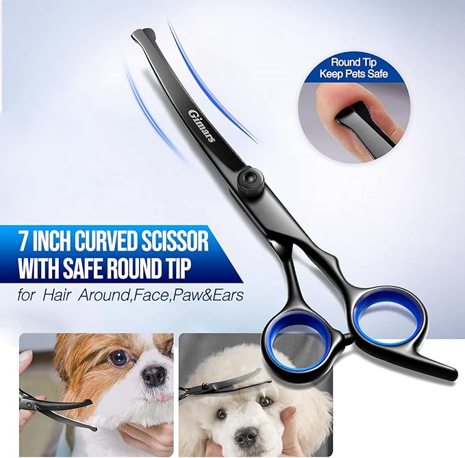 Gimars Dog Grooming Scissors Kit Professional 4CR with Safety Round Tip, 5 in 1 Heavy Duty Titanium Coated Thinning &amp; Curved &amp; Straight Shears