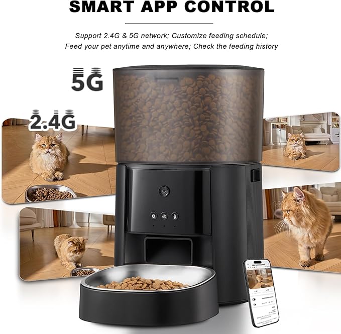 Automatic Cat Feeder with Camera &amp; Voice Interaction, WiFi/App Control, 4L Dry Food Dispenser for Cats &amp; Dogs with Freshness Preservation, Custom Feeding Times &amp; Portions, Dual Power