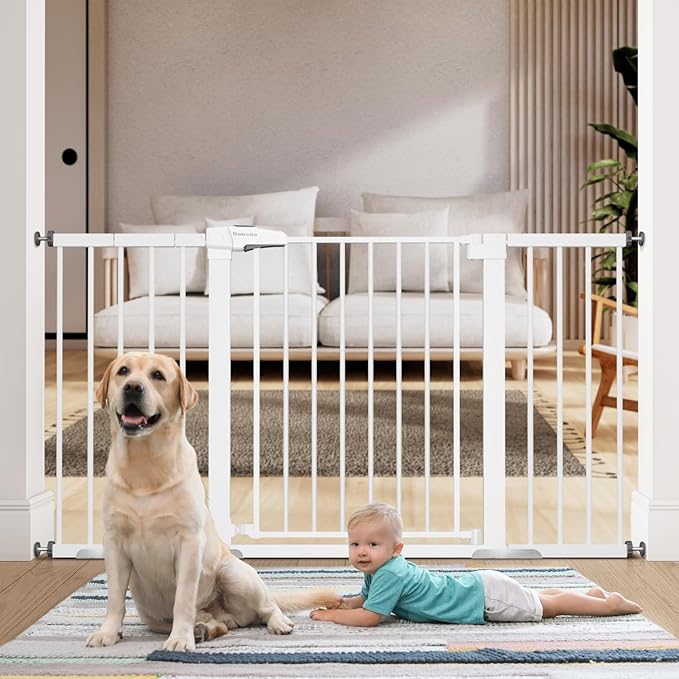 BABELIO 36" Tall Baby Gate, 29-55" Auto Close Pressure Mounted Dog Gate for Doorways &amp; Hallway, Pressguard Basics Easy Walk Thru Pet Gate, Extra Wide Metal Child Gate, White