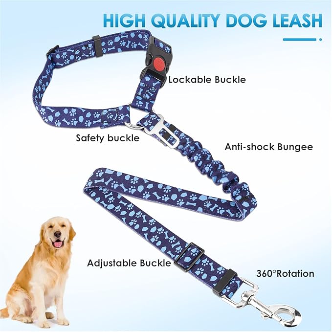 Lukovee Dog Seatbelt Leash for Cars, 2 Pack Pet Safety Car Seat Belt with Adjustable Buckle &amp; Reflective Bungee, Connect Dog Harness in Vehicle Car Dogs Restraint Travel Daily Use (Blue Paw)