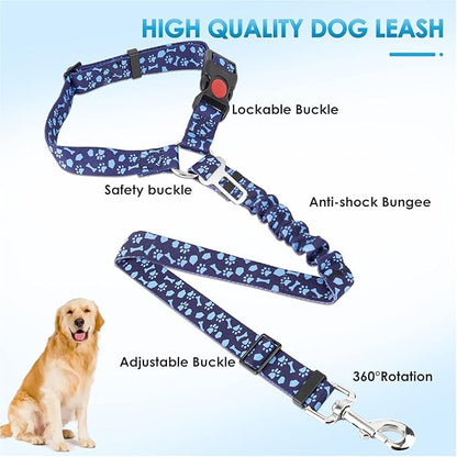 Lukovee Dog Seatbelt Leash for Cars, 2 Pack Pet Safety Car Seat Belt with Adjustable Buckle &amp; Reflective Bungee, Connect Dog Harness in Vehicle Car Dogs Restraint Travel Daily Use (Blue Paw)