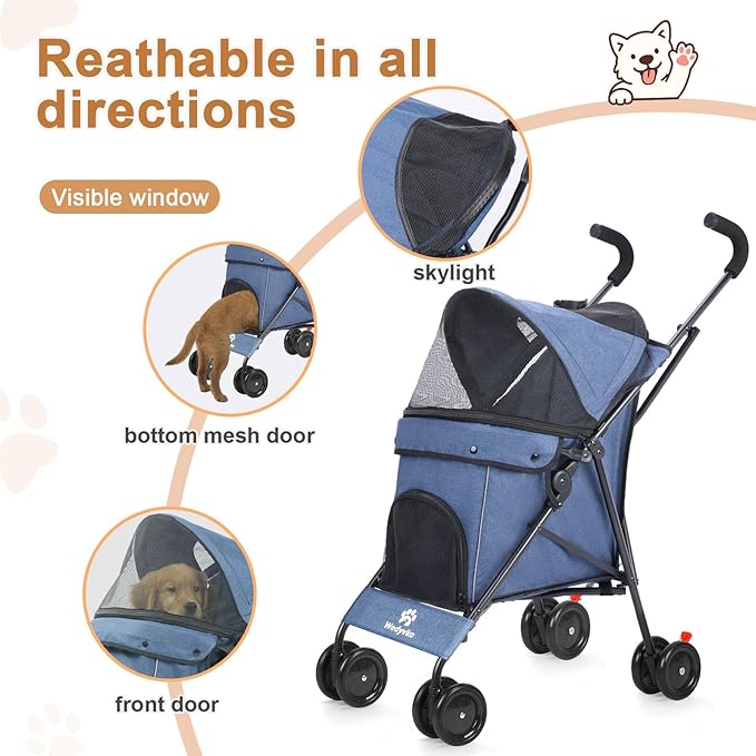 Wedyvko Travel Portable Dog Stroller, Pet Stroller for Small Puppy Dogs &amp; Cats, Up to 33 lbs, Navy Blue