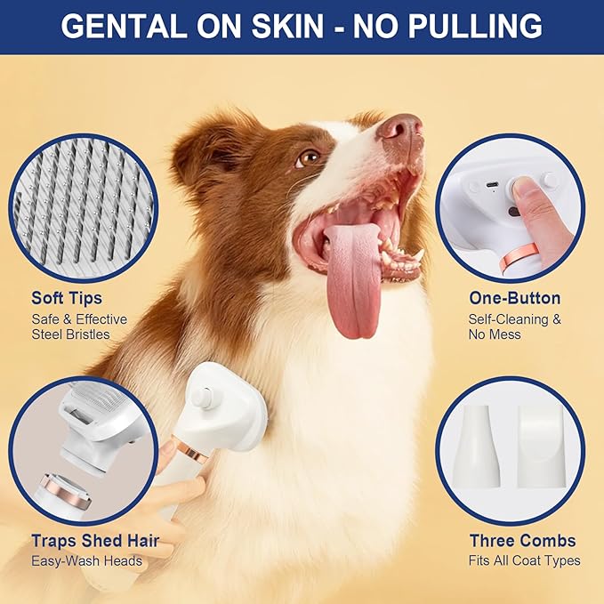 3-in-1 Pet Hair Dryer Brush for Dogs &amp; Cats Portable, Dog Hair Blower &amp; Slicker Brush Adjustable Temp (Low/Middle/High), Overheat Protection