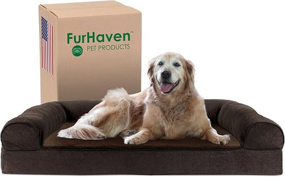 Furhaven Cooling Gel Dog Bed for Large Dogs w/ Removable Bolsters &amp; Washable Cover, For Dogs Up to 95 lbs - Sherpa &amp; Chenille Sofa - Coffee, Jumbo/XL