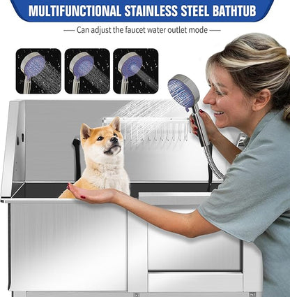Stainless Steel Dog Washing Station for Large Dogs, Dog Grooming Tub for Home, Professional Dog Bathtub Bathing Station, Pet Wash Station, Dog Shower Tub with Stairs, Drain &amp; Door,34" R-RAMP