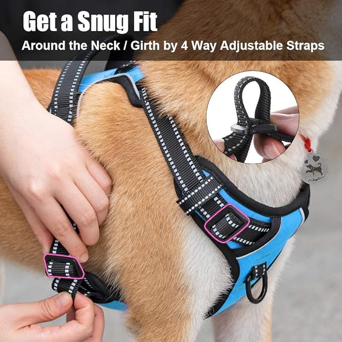 PoyPet No Pull Dog Harness, Reflective Comfortable Vest Harness with Front &amp; Back 2 Leash Attachments and Easy Control Handle Adjustable Soft Padded Pet Vest for Small to Large Dogs (Blue,XL)