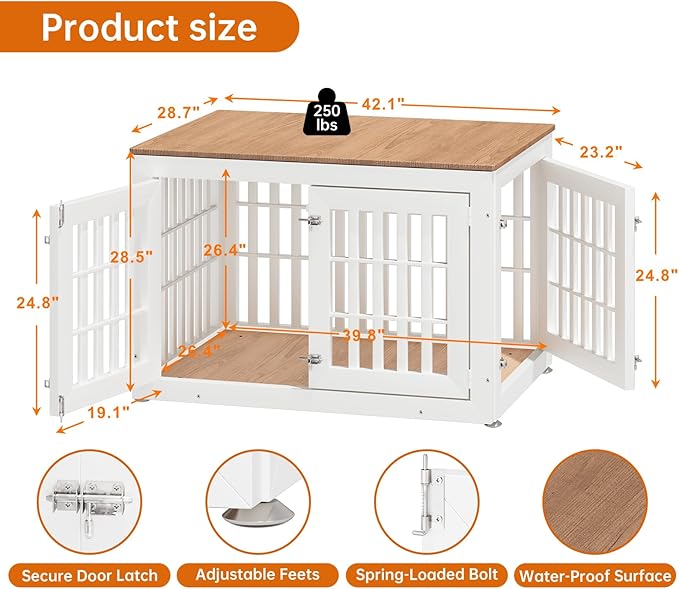 42" Heavy Duty Dog Crate Furniture for Small,Medium and Large Dogs,Rustic Wooden Dog Cage Kennel Indoor Furniture with Waterproof Top,Decorative Pet House Side End Table (White &amp; Wood)