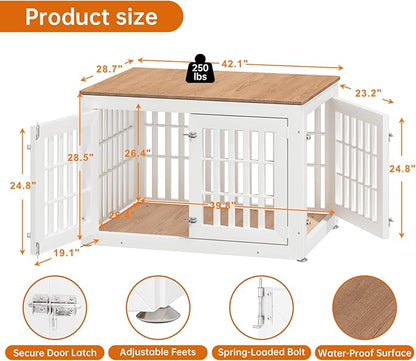 42" Heavy Duty Dog Crate Furniture for Small,Medium and Large Dogs,Rustic Wooden Dog Cage Kennel Indoor Furniture with Waterproof Top,Decorative Pet House Side End Table (White &amp; Wood)