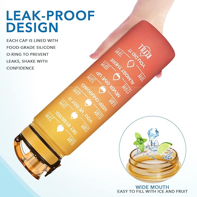 Enerbone Water Bottle, Leakproof BPA &amp; Toxic Free, Motivational Water Bottle with Times to Drink and Straw, Fitness Sports Water Bottle with Strap for Office, Gym, Outdoor Sports