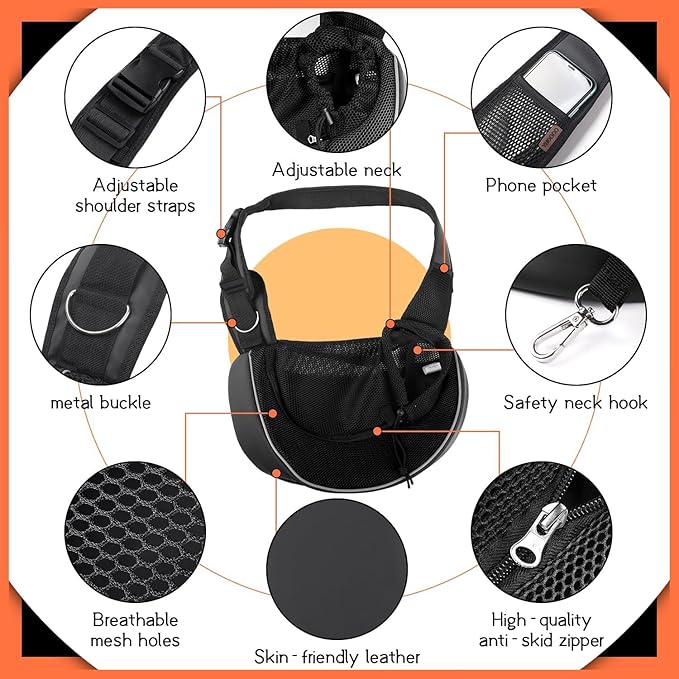 YUDODO Pet Sling Carrier for Small Dogs &amp; Cats – Hands-Free Puppy Carrier with Safety Hook, Large Zipper Pocket, Soft Breathable Mesh, Adjustable Strap &amp; Reflective Strip (Black 3.0 S)