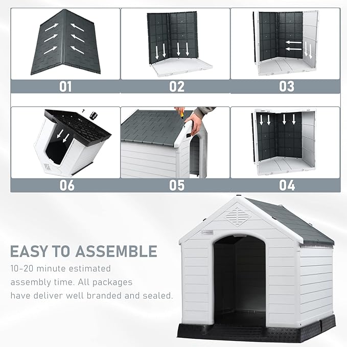 LEMBERI Durable Waterproof Plastic Dog House for Small to Large Sized Dogs, Indoor Outdoor Doghouse Puppy Shelter with Elevated Floor, Easy to Assemble (Gray, 42&