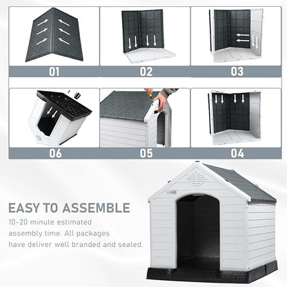 LEMBERI Durable Waterproof Plastic Dog House for Small to Large Sized Dogs, Indoor Outdoor Doghouse Insulated Puppy Shelter with Elevated Floor, Easy to Assemble (Gray, 34&