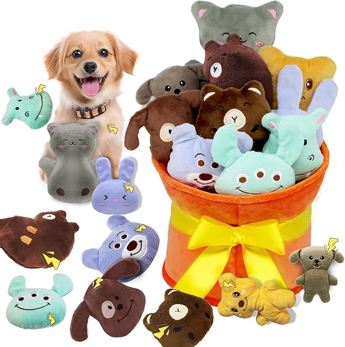 Squeaky Dog Toys, 11 Pcs Interactive Dog Plush Toy Collection in Flower Bouquet Packaging,10 Adorable Animal Plushies for Endless Play &amp; Training