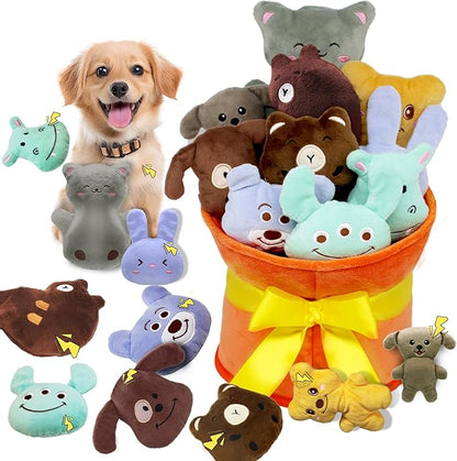 Squeaky Dog Toys, 11 Pcs Interactive Dog Plush Toy Collection in Flower Bouquet Packaging,10 Adorable Animal Plushies for Endless Play &amp; Training