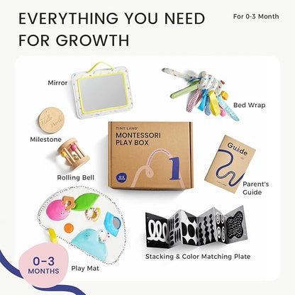 Tiny Land Montessori Baby Toy Set 0-3 Months Newborn Development Sensory Play Kit - 5-in-1 Mirror, Black &amp; White Card Set, Rolling Bell, Play Mat, and Bed Wrap
