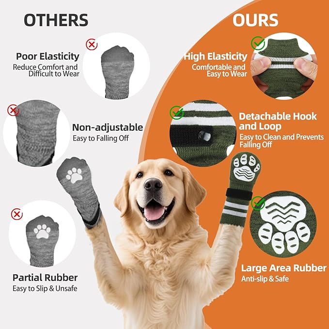 PUPTECK Non-slip Dog Socks to Prevent Licking Paws, Double Sides Dog Boots &amp; Paw Protectors Booties Traction on Hardwood Floors Hot Pavement with Grippers, for Small Medium Large Senior Dogs, Green XL