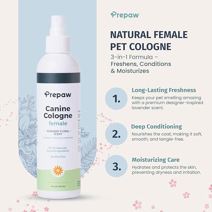 Natural Pet Cologne - Powdery Floral Scent, 3-in-1 Deodorizing, Conditioning &amp; Moisturizing Spray for Dogs &amp; Cats - Long Lasting. Daily Use, 8 fl oz (Female Pet)