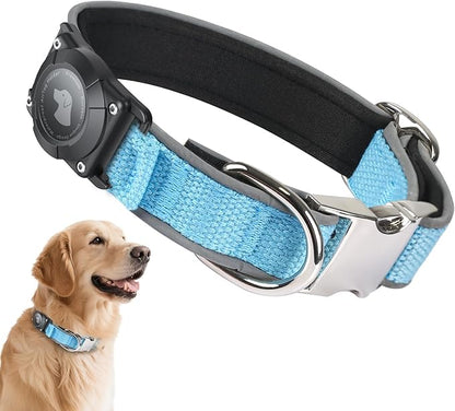 Waterproof Airtag Dog Collar - Nylon Collar with Durable Airtag Holder, Reflective&amp;Anti-Lost with Safety Metal Buckle, Soft Padded Adjustable for Small Medium Large Dogs Blue XL