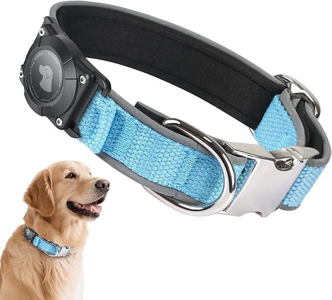 Waterproof Airtag Dog Collar - Nylon Collar with Durable Airtag Holder, Reflective&amp;Anti-Lost with Safety Metal Buckle, Soft Padded Adjustable for Small Medium Large Dogs Blue L