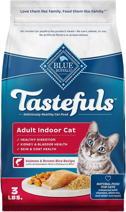 Blue Buffalo Tastefuls Natural Dry Food for Adult Indoor Cats, Salmon &amp; Brown Rice Recipe, 3-lb. Bag