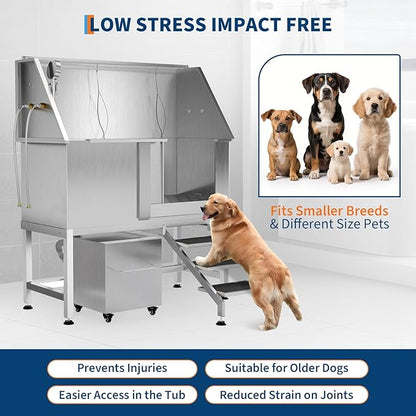 50" Stainless Steel Professional Dog Washing Station - Pet Bathing Tub w/Non-Slip Stairs &amp; Storage Shelf | Slip-Resistant Floor Grate | for Large/Medium/Small Dogs