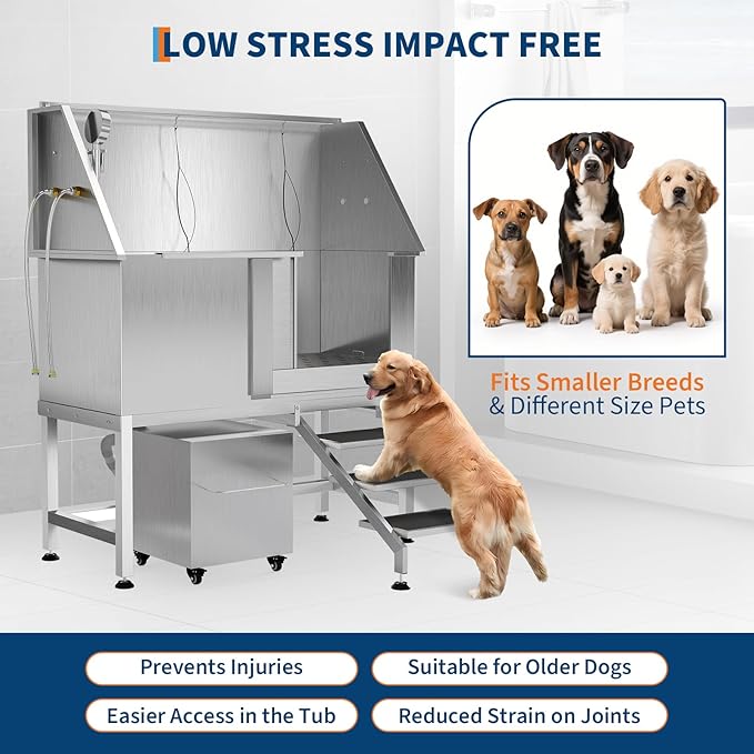 50" Stainless Steel Professional Dog Washing Station - Pet Bathing Tub w/Non-Slip Stairs &amp; Storage Shelf | Slip-Resistant Floor Grate | for Large/Medium/Small Dogs