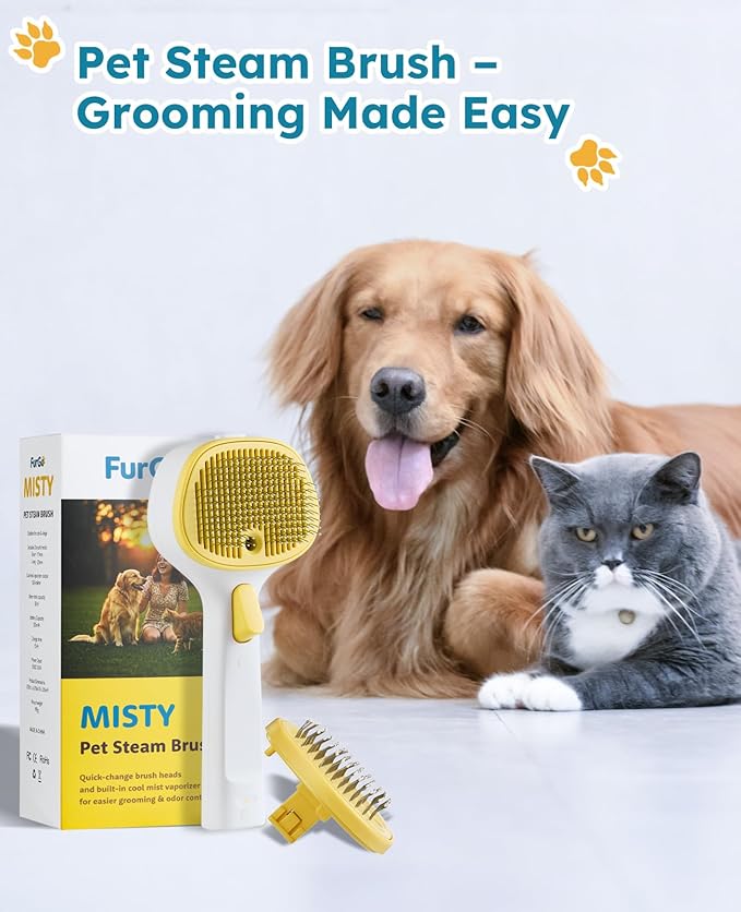 FURGO 3-in-1 Pet Steam Brush for Dogs &amp; Cats – Reduces Static, Short-Pin Head for Short Hair, One-Click Release Button, Dog Spray Brush for Shedding Control (Short)