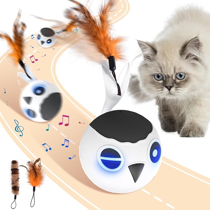 ORSDA Cat Ball Toys, Interactive Cat Toy for Indoor Bored Indoor Cats Kitten Toys, Automatic Electric Bird Moving Ball Toy, 4 Mode Voice &amp; Touch Control Rolling Chirping Stimulating, 2 Feather Tails