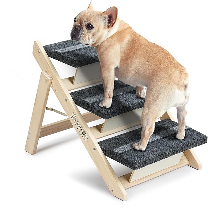 Wood Pet Stairs/Pet Steps for All Dogs and Cats - 2-in-1 Foldable Carpeted 3 Tiers Dog Stairs &amp; Ramp Perfect for Beds and Cars - Portable Dog/Cat Ladder Up to 120 Pounds
