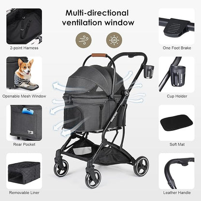 T3 Foldable Pet Stroller for Small Dogs &amp; Cats – 3-in-1 Lightweight Design, 180° Canopy &amp; Detachable Carrier (Black)