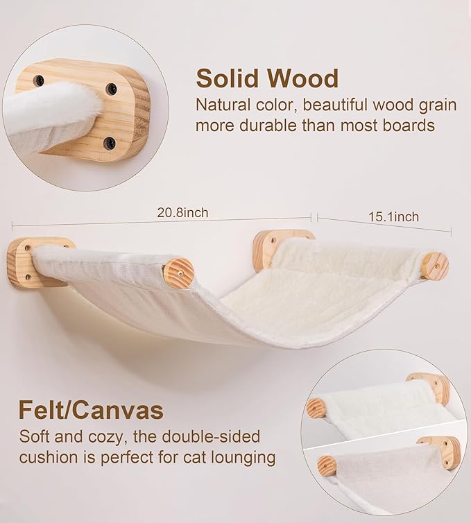 Cat Wall Hammock Shelves, Dual-Sided Cat Bed with Canvas &amp; Plush Fabric, Wall Mounted Shelf for Large Cats, Space-Saving Perch for Lounging &amp; Napping
