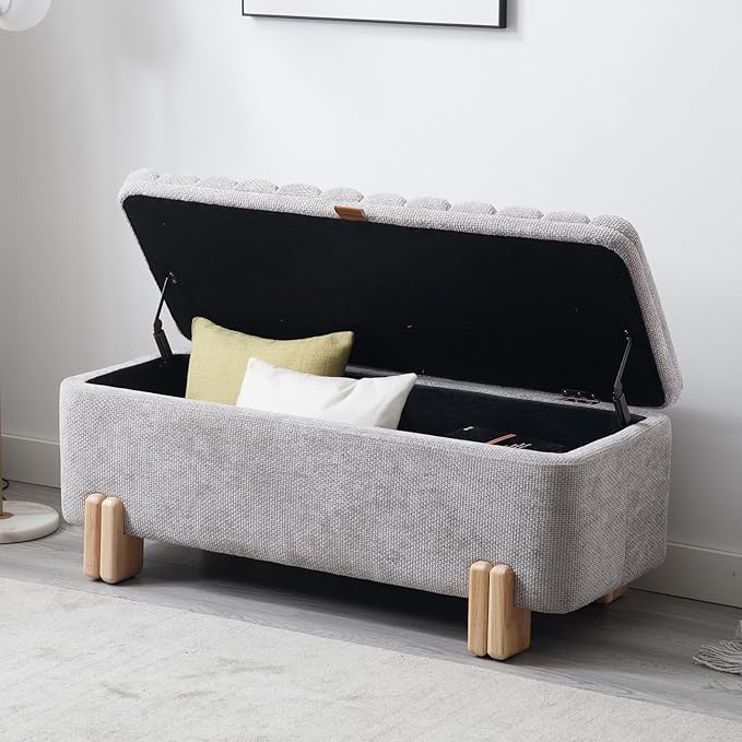 Kmax 45" Storage Bench Velvet Entryway Bench Upholstered Ottoman Bench with Wavy Top &amp; Safty Hinge for Bedroom Living Room Hallway, Grey