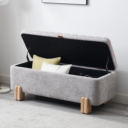 Kmax 45" Storage Bench Velvet Entryway Bench Upholstered Ottoman Bench with Wavy Top &amp; Safty Hinge for Bedroom Living Room Hallway, Grey