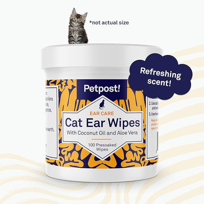 Petpost | Cat Ear Cleaner Wipes - Ultra Soft Cotton Pads in Coconut Oil Solution - Treatment for Removing Cat Ear Dirt &amp; Wax 100 ct.