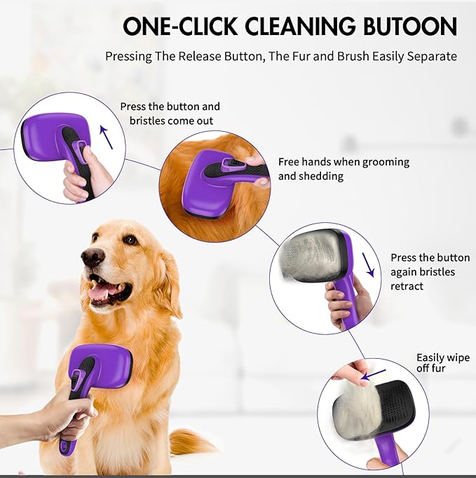 3 PCS Dog Grooming Brush Kit – Self Cleaning Slicker Brush for Shedding Short &amp; Long Haired Dogs &amp; Cats. Removes Loose Fur, Undercoat, Mats, Tangles for Small, Medium &amp; Large Pets. Purple