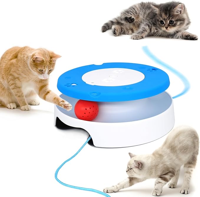 LASOCUHOO 2-in-1 Automatic Cat Toy with Track &amp; Jumping String – Interactive Electric Toy with Rolling Balls &amp; Bell, Battery-Powered (3 AA), Auto Shut-Off for Multi-Cat Play